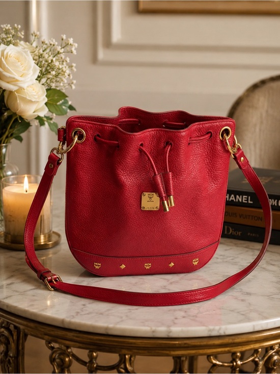 MCM Handbags - MCM Red Pebbled Leather Drawstring Bucket Shoulder Bag GUC ❤️‍🔥 w/ COA